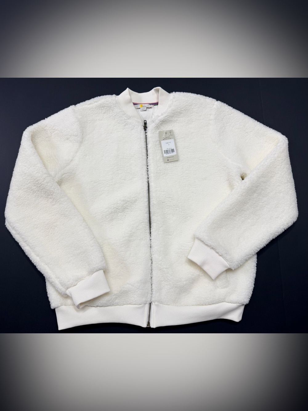 NWT Boden Ivory Teddy Fleece Bomber Jacket Zip Front Size Medium Cozy Sherpa
